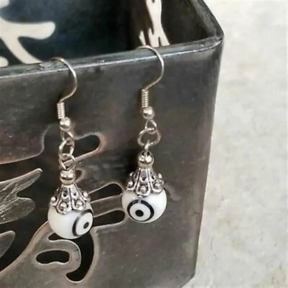 Handmade Evil Eye White Lampwork Glass Beads Protective Talisman Drop Earrings